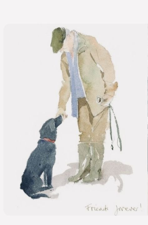 Watercolor People Simple, Watercolour Greeting Cards, Dog Design Art, Human Painting, Man And His Dog, Dog Watercolor Painting, Abstract Figure Art, Dog Portraits Art, Human Figure Sketches