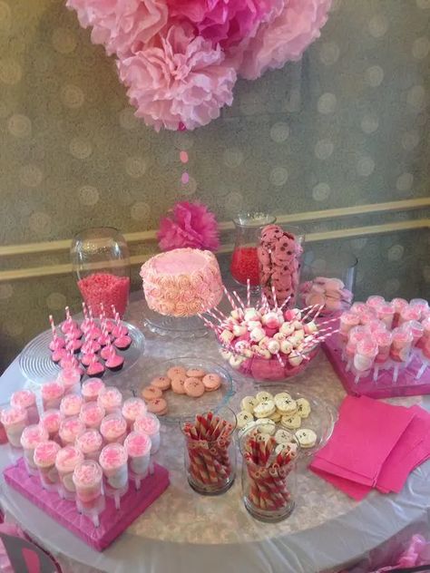 50+ Easy Baby Shower Ideas for Girls - HubPages Pink Birthday Table Ideas, Pink Sweet Table Ideas, Pink Party Table Ideas, Snack Table Ideas Party Pink, Pink Birthday Table Decorations, Pink Dessert Tables Wedding, Pink And White Birthday Decor Simple, Pink Sweet 16 Food Table, Pink Food Table Decor