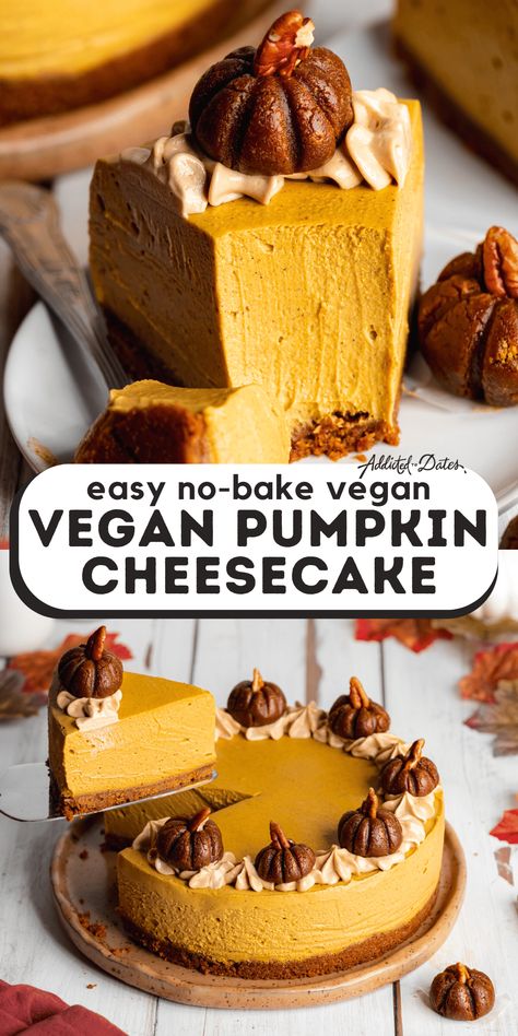 No Bake Vegan Pumpkin Cheesecake - Addicted to Dates Biscoff Crust, Vegan Fall Dessert, Vegan Pumpkin Cheesecake, Patisserie Vegan, Cheesecake Vegan, Vegan Cheesecake Recipe, Vegan Halloween, Pumpkin Cream Cheese, Vegan Baking Recipes