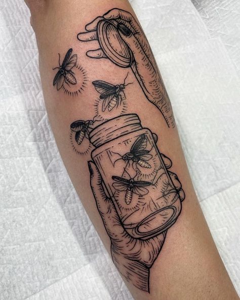 Mason Jar Tattoo, Catching Lightning, Blackberry Tattoo, Jar Tattoo, Firefly Tattoo, Lightning Bugs, Mystical Tattoos, Flying Tattoo, Bug Tattoo