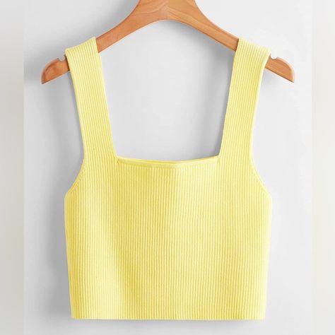 Never Worn Cute Yellow Tank Top! Size Was Just Too Big On Me. Would Fit A Size 6-10:) Plain Vest, Butterfly Blouse, Coachella Dress, Yellow Tank Top, Holiday Party Dresses, Chunky Crochet, Ribbed Knit Top, Knit Sleeve, Ribbed Tank Tops