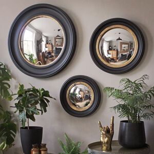 Hallway Wall Decor Mirrors, Decorating With Mirrors In Living Room, 3 Mirrors On Wall Ideas, Hallway 2023, Porthole Mirrors, Bat Decorations On Wall, Decorating Stairway Walls, Design Trends 2023, Unusual Mirrors