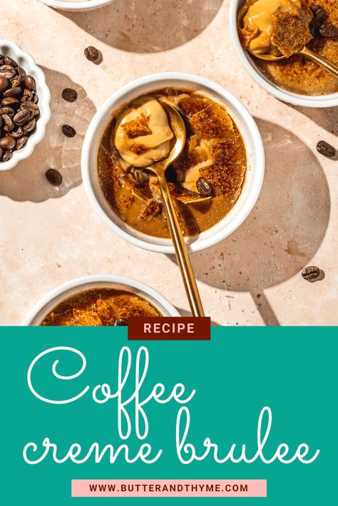 If you love coffee, you've got to try this coffee creme brulee! It's absolutely one of my favorite dessert recipes, and the one that I get so many requests for. And making creme brulee is actually way simpler than you might realize. It only requires 6 ingredients! Cream, vanilla, sugar, salt, egg yolks, and coffee, that's it. If you've never made it before, I take you step-by-step and go through common troubleshooting questions to give you the confidence to try it. It's SO creamy and delicious! Coffee Creme Brulee, Cafe Creme, Brulee Recipe, Creme Brulee Recipe, Creamy Coffee, Caramelized Sugar, Favorite Dessert Recipes, Favorite Dessert, Coffee Dessert