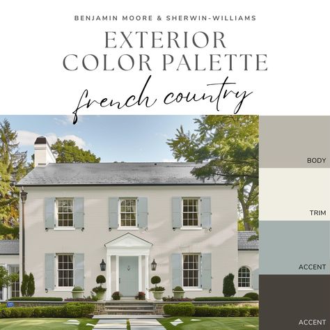 Elevate your home's exterior with our French Country Exterior Color Palette - an expertly curated collection of greige (blend of gray and beige), warm white, blue-gray, and dark brown paint colors that can make your home the envy of the block! Delivered as a convenient digital download, this guide features handpicked Benjamin Moore and Sherwin-Williams exterior paint colors, complete with names and codes. This palette makes it easy to achieve beautiful results, without the overwhelming trips to Exterior Paint Inspiration, Colored Farmhouse Exterior, Escape Gray Sherwin Williams Exterior, Pastel Exterior House Colors, Exterior Gray Paint Colors For House, Worldly Gray Sherwin Williams Exterior, Brick House Exterior Paint Ideas, French Country Exterior Paint Colors, Outside House Paint Colors Ideas