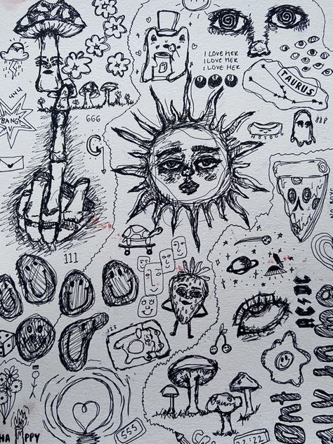 Doodles Art Aesthetic, Artist Sketch Aesthetic, Random Sketches Aesthetic, Sketch Collage Drawings, Grunge Art Doodles, Trash Art Ideas, Art Doodles Aesthetic, Journal Sketches Aesthetic, Doodle Drawings Aesthetic