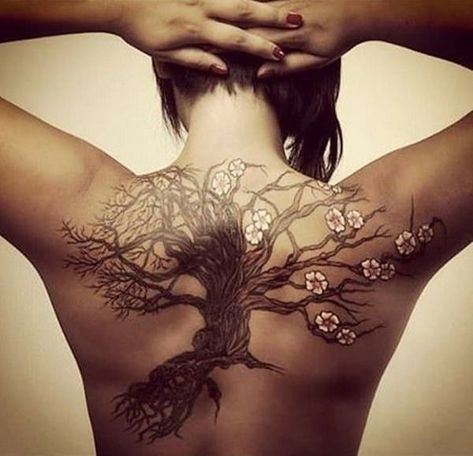 Tree With Birds Tattoo, Cherry Tree Tattoos, Bow Tattoos, Tattoos On Back, Tree Tattoo Back, Tattoo Son, Oak Tree Tattoo, Uv Tattoo, Family Tree Tattoo