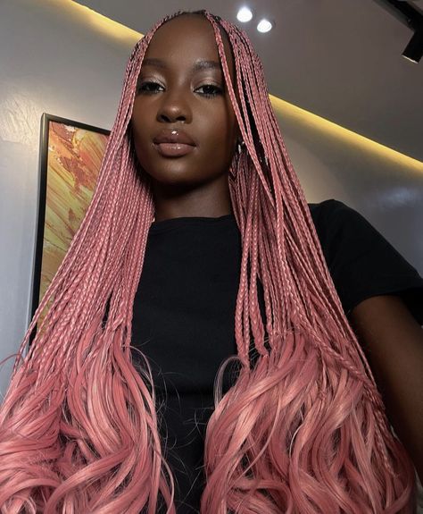 Pink Short Braids, Light Pink Braids Black Women, Pink Braids With Curls, Pink French Curl Braids, Blonde And Pink Box Braids, Pink Goddess Braids, Pink Hair Braids, Pink Braids Black Women, Box Braids Color Ideas