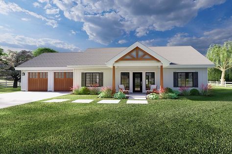 House Plan 80525 - Country, Craftsman, Farmhouse, Ranch Style House Plan with 1232 Sq Ft, 2 Bed, 2 Bath, 2 Car Garage One Story House Plans With Front Porch, Two Master Suite House Plans One Story, Full Front Porch, Tiny Cottages, House Quotes, 1000 Sq Ft, Porch Addition, Ranch Style House Plans, Farm Houses