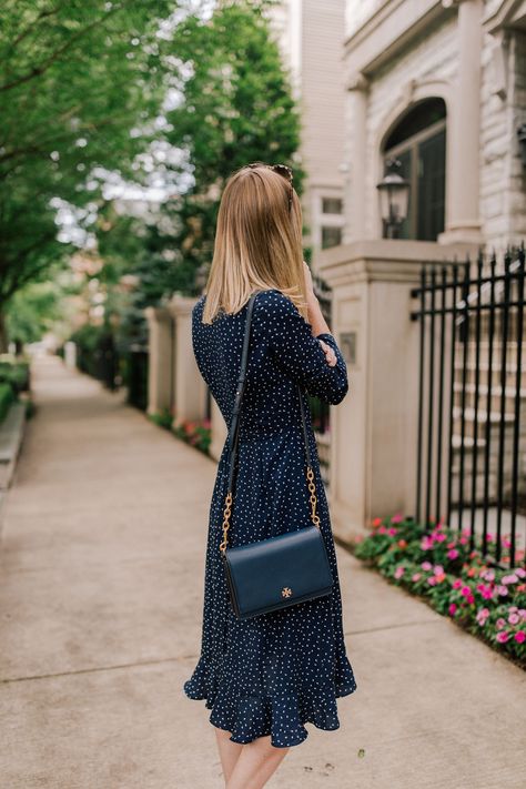 Going To A Show Outfit, Navy Bag Outfit, Women Modest Outfits, Blue Work Outfit, Blue Bag Outfit, Navy Polka Dot Dress, Navy Wrap Dress, Kelly In The City, Blue Wrap Dress