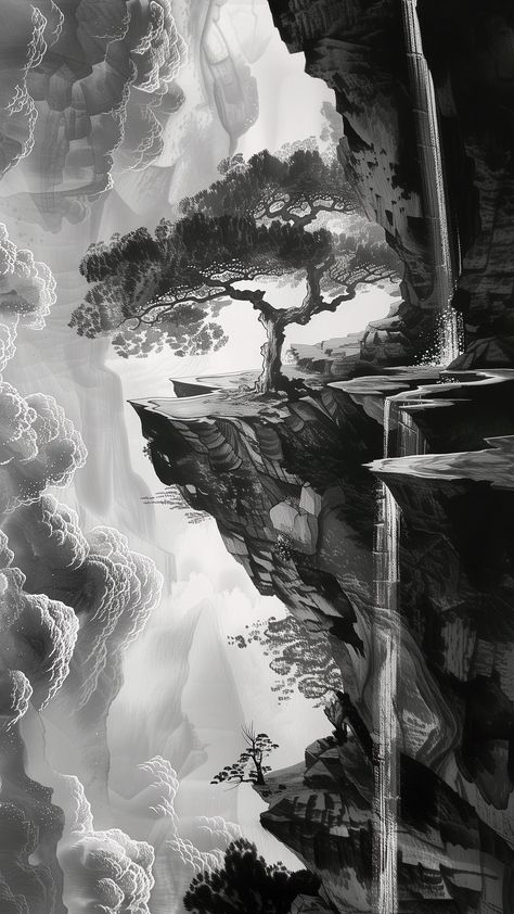 Aesthetic Landscape Sketch, Scenery Art Drawing, White Samurai Wallpaper, Japan Scenery Drawing, Asian Warrior Tattoo, Black And White Japanese Wallpaper, Dark Desktop Wallpaper Hd 1080p, Japanese Landscape Tattoo, Japanese Scenery Art