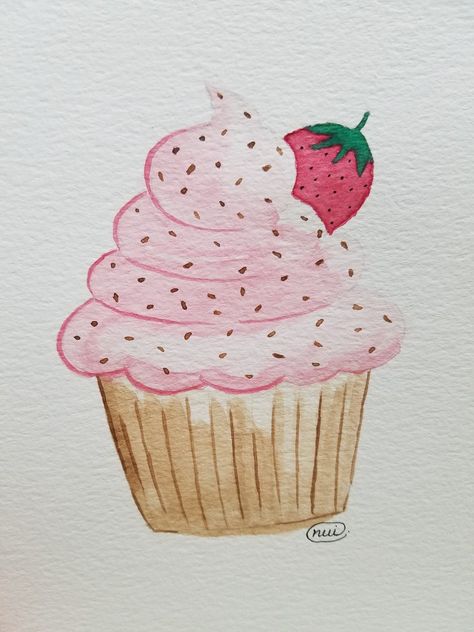 Cupcake #cupcake #watercolor #bakeryart #art #artbynui Watercolour Cupcake Painting, Dessert Drawings Easy, Drawings Of Cupcakes, Cupcake Painting Easy, Watercolor Cake Painting Easy, Cupcake Cute Drawing, Cupcake Rock Painting, Cupcake Painting On Canvas, Cupcake Drawing Aesthetic