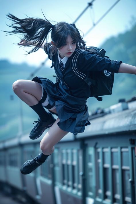 ArtStation - Battle of the Train🚉✨ Dynamic Fighter Pose, Looking Pose Reference, Curled Into A Ball Pose, Girl Running Reference, Falling Over Pose, Perpective Action Poses, Art Reference Photos Poses Dynamic, Kicking Camera Pose, Laying On Ground Pose