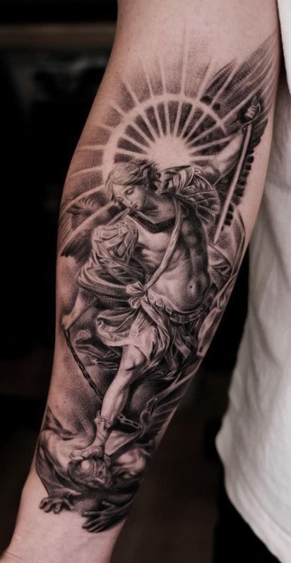 Angel Sleeve Tattoos For Guys, Angel With Shield Tattoo, Angel Arm Sleeve Tattoo, St Paul Tattoo, Angel Gabriel Tattoo Design, Angel Of Life Tattoo, Angels Arm Tattoo, Andy Mineo Tattoo, Angel Tattoo Sleeve For Men