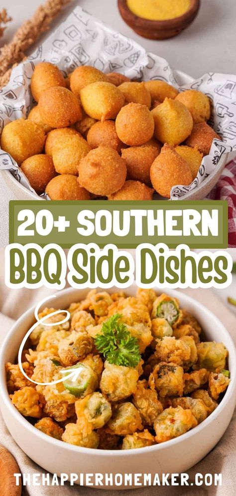 Prepare for your next backyard BBQ with these classic Southern BBQ side dishes! From creamy macaroni and cheese to tangy coleslaw and hearty baked beans, these timeless favorites are sure to please any crowd. Elevate your barbecue spread with these mouthwatering sides and enjoy the flavors of the South with every bite! Side Recipes For Bbq, Barbecue Potluck Dishes, Food For Grilling Out, Bbq Tailgating Food, Southern Menu Ideas, Southern Recipes Sides, Thanksgiving Bbq Ideas, Best Barbecue Side Dishes, Quick Sides For Cookout