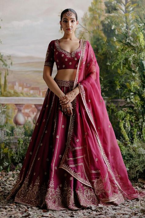 Buy Jigar Mali Collection | Lehengas, Sarees for Women Online - Aza Fashions Jewel Tone Lehenga, Raw Silk Lehenga Wedding, Silk Lehenga Designs Latest, Wine Bridal Lehenga, Lehnga Designs Indian Weddings Simple, Engagement Lehenga Indian, Simple Bridal Lehenga, Dark Pink Lehenga, Lehanga Blouses Modern Design