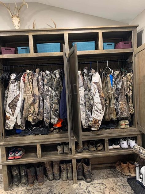 Hunting Storage Ideas Garage, Hunting Closet Ideas, Hunting Room Organization, Hunting Closet Organization, Hunting Storage Room Ideas, Hunting Gear Storage Ideas, Hunting Room Storage, Hunting Clothing Storage, Hunting Gear Storage Closet