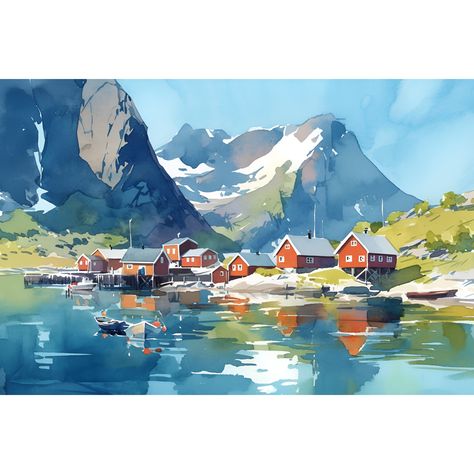 Lofoten Islands, Norway High quality print from original watercolor painting To see more paintings, please visit my shop: www.etsy.com/shop/PaintingsDanArt - Giclee print on acid-free archival paper - Printed from original watercolor painting - Multiple sizes to choose from - Frame is not included. The print is not framed! Museum-quality posters made on thick and durable matte paper. Add a wonderful accent to your room, nursery and office with these posters that are sure to brighten any environm Norway Painting, Landscape Europe, Norway Landscape, Lofoten Islands, Summer Painting, Watercolor Prints, Nature Art Painting, Coastal Landscape, Printing Company