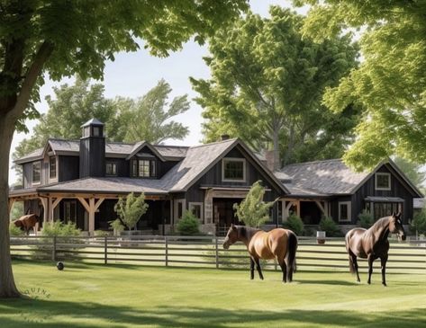 Ranch House Exterior, Dream Horse Barns, Farmhouse Architecture, Barn Style House Plans, Architectural Styles, Craftsman Style House Plans, Ranch Style Homes, Under One Roof, Horse Equestrian