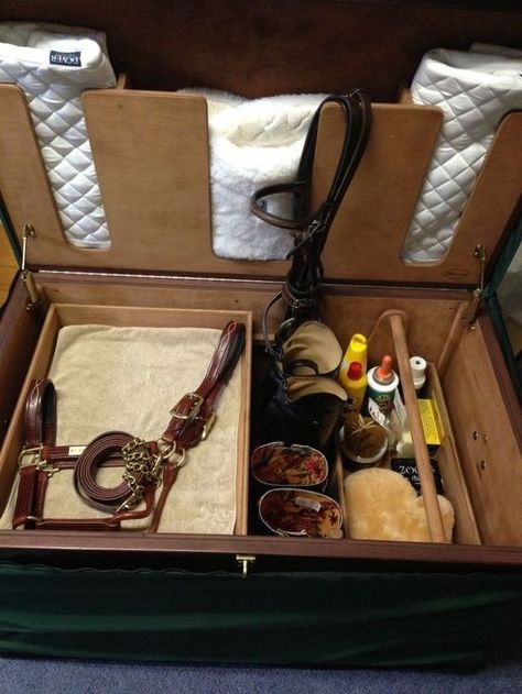 I want the inside of my tack trunk to look like this.: Tack Trunk Organization, Horse Tack Boxes, Tack Locker, Tack Room Organization, Tack Trunk, English Horse Tack, Tack Box, Horse Shop, Tack Shop