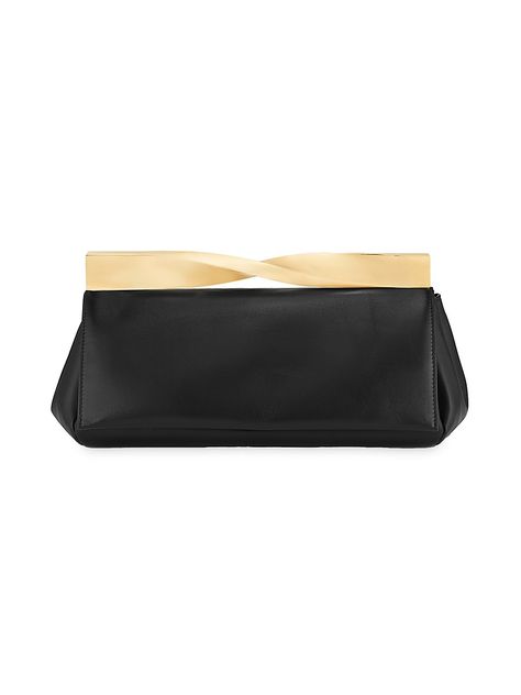 "Find AQUAZZURA Twist Satin Clutch on Editorialist. Topped with a twisted metal handle, Aquazzura's Twist clutch features radiant satin construction with a petite silhouette. Top handle Magnetic snap flap closure Inside zip pocket Viscose Made in Italy SIZE 8.25\"W x 6\"H x 2.25\"D. Aquazzura. Color: Black Light Gold." Petite Silhouette, Satin Clutch, Twisted Metal, Clutch Black, Designer Clutch, Black Clutch, Clutch Pouch, Summer Ready, Sports Gifts