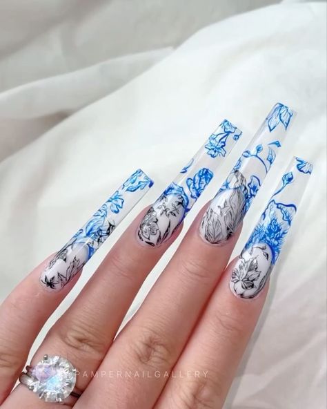 Pamper Nail Gallery® on Instagram: “Our interpretation of toile is inspired by @dior ⬇️How To Order⬇️ Link in bio: Menu: Museum of Nail Art: toile de jouy…” Dior Nails, Toile Design, Black Toile, Royal Aesthetic, Coffin Nails Designs, Nail Art Inspiration, Nail Games, Black Glass, Coffin Nails