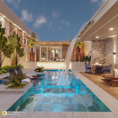 Pool Waterfalls, Swim Aesthetic, Indoor Swimming Pool, Outdoor Sanctuary, Dream Life House, Pools Backyard, التصميم الخارجي للمنزل, Swimming Shorts, Modern Backyard