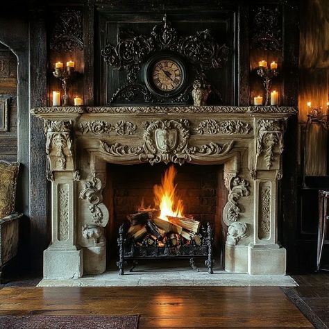 Opulent stone fireplace with classical mantel decor, creating a warm and inviting atmosphere in a luxurious setting. Perfect for elegant home decor inspiration. Victorian Fire Place, Historical Fireplace, Fantasy Fireplace, Ancient Fireplace, Giant Fireplace, Victorian Gothic Bedroom, Gothic Fireplace, Halloween Dollhouse, Antique Fireplace Mantels