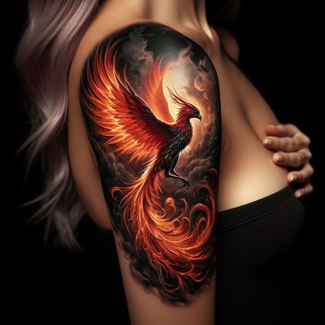 3d Phoenix Tattoo, Phoenix Tattoo On Hip, Phoenix Feminine Tattoo, Fenix Tattoo Woman Arm, Fiery Phoenix Tattoo, Phoenix Tattoo Feminine Arm Sleeve, Phoenix On Fire Tattoo, Realistic Phoenix Tattoo, Center Back Tattoo