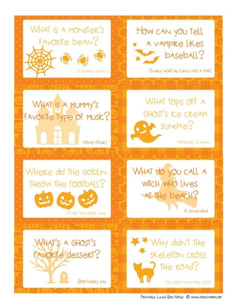 Halloween Lunchbox Jokes Printable & Halloween Lunch Ideas Halloween Lunchbox Jokes, Halloween Lunch Box Notes, Halloween Lunch Ideas, Funny Halloween Jokes, Halloween Lunch Box, Spooky Dinner, Printable Lunch Box Notes, Halloween Lunch, Lunchbox Jokes