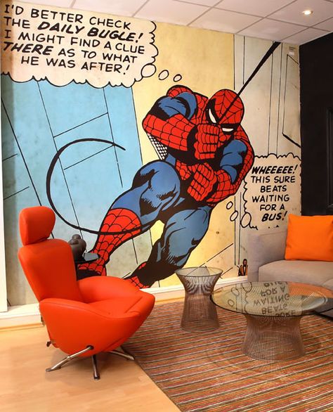 Spiderman, comic book, mural Comic Mural, Spiderman Mural, Superman Bedroom, Design A Superhero, Book Mural, Spiderman Comic Book, Spiderman Room Decor, Boys Room Mural, Spiderman Room