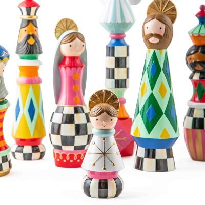 Tell the story of the first Christmas with this nostalgic seven-piece nativity set. Done in a midcentury style, the Holy Family, three kings, and an angel are hand-painted in bright patterns and accented with gold leaf. | Holy Night Nativity Set Nativity Pottery, Modern Nativity Set, Nativity Peg Doll, Handmade Nativity, Wooden Nativity, Outdoor Nativity, Doll Ornaments, Midcentury Style, Painted Ornament