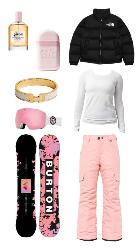 Pink Snowboarding Outfit, Skiing Fashion Outfits, Preppy Snowboarding, Pink Snowboard Outfit, Snow Boarding Outfits, Snowboarding Outfit Aesthetic, Pink Ski Outfit, Snowboard Outfit Women, Cute Skiing Outfit