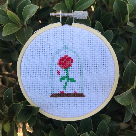 Bring The Magic Of Beauty And The Beast To Your Very Own Home With This Tiny Cross Stitch Handmade By Myself, Approx. 3” In Diameter I Accept Reasonable Offers And Ship Quickly! No Pets & Smoke Free Home. Feel Free To Ask Any Questions Geeky Cross Stitch Patterns, Rose Cross Stitch, Geeky Cross Stitch, Mason Jar Design, Kawaii Cross Stitch, Dragon Cross Stitch, Tiny Cross Stitch, Enchanted Rose, Tiny Cross