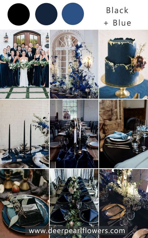 Blue And Black Wedding Theme, Blue And Black Wedding, Blue Color Palette Wedding, Black Wedding Theme, Navy Blue Wedding Theme, Top Wedding Colors, Wedding Color Schemes Blue, Popular Color Schemes, Wedding Theme Color Schemes