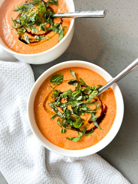 Soup Protein Low Carb, Soup With Broth Base, Postpartum Bone Broth Soup, Greek Yogurt Tomato Soup, Bone Broth Tomato Soup, Healthy Blended Soups, High Fiber High Protein Soups, Bone Broth Dinner Recipes, Feta Tomato Soup