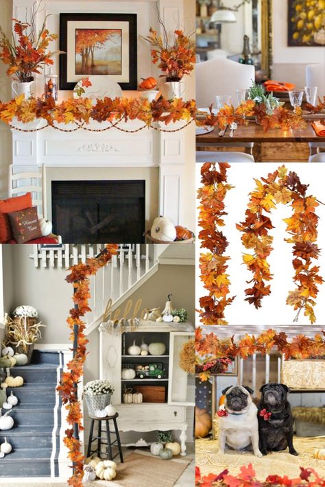 An easy fall & Thanksgiving decoration idea I am seeing trending is this fall garland! It comes with 2 strands and is so versatile! I'm seeing it used on porches, stairs, fireplaces, tables, in photoshoots and more. And it's so easy! #falldecor #homedecorfall #fall #falldecorideas #fallporchdecor #fallfireplacedecorideas #home #fall #fallgarland Foliage Garland, Wedding Fireplace, Vine Garland, Fall Fireplace, Hanging Vines, Fall Garland, Autumn Foliage, Fall Decorations Porch, Decoration Idea