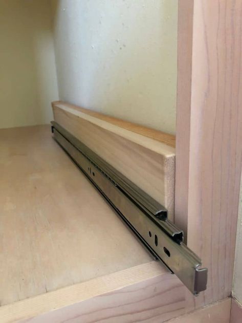 Diy Sliding Cabinet Shelves, Sliding Shelves Kitchen, Bathroom Cabinet Slide Out Shelves, Pullout Pantry Shelves, Diy Kitchen Slide Out Shelves, Diy Sliding Shelves, Diagonal Pantry Cabinet, Pull Out Cabinet Drawers Diy, Cabinet Pull Out Shelves Diy