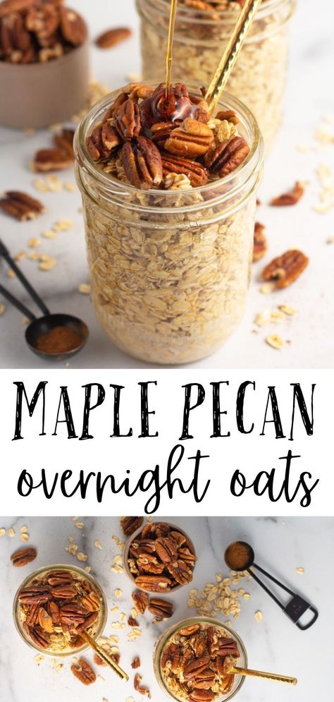 These Maple Pecan Overnight Oats are the perfect vegan breakfast recipe to meal prep! In just 5 minutes, you can have a healthy breakfast ready to go in the morning to grab and go. This vegan overnight oats recipe only calls for 6 basic ingredients. For this recipe, we are using pecans, maple syrup, cinnamon, and vanilla extract. Overnight Oats Pecan Pie, Eating Bird Food Overnight Oats, Overnight Oats Ingredients, Cashew Butter Overnight Oats, Maple Pecan Overnight Oats, Vegan Overnight Oats Healthy, Winter Overnight Oats Healthy, Overnight Oat Flavor Ideas, Pecan Pie Overnight Oats