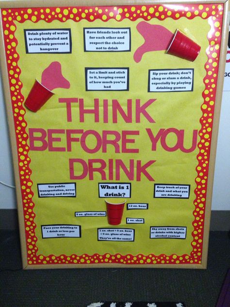 Think Before You Drink RA LCA Bulletin Board Alcohol Awareness Physical Wellness Alcohol Bulletin Board, Office Bulletin Board Ideas, Dorm Bulletin Boards, Res Life Bulletin Boards, Resident Assistant Bulletin Boards, Health Bulletin Boards, October Bulletin Boards, Office Bulletin Boards, November Bulletin Boards