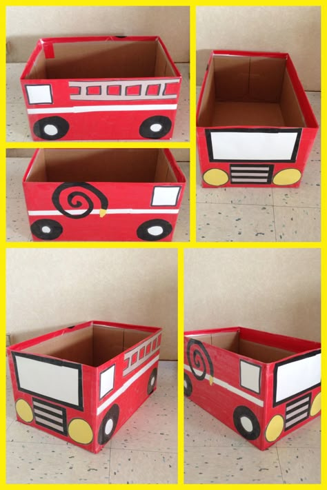 Box, different color contact paper.  Fire truck enhancement.  Theme: My Community Fire Truck Craft, Fire Safety Theme, Fire Safety Activities, Fire Safety Preschool, Truck Crafts, Fireman Party, Firetruck Birthday Party, Community Helpers Preschool, Fire Truck Party