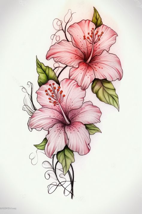 Tattoo Designs With Names, Hawaii Flower Tattoos, Hibiscus Flower Tattoo, Pink Flower Tattoos, Tattoo Ideas Arm, Tropical Flower Tattoos, Hibiscus Flower Drawing, Feminine Tattoo Designs, Hawaiian Flower Tattoos