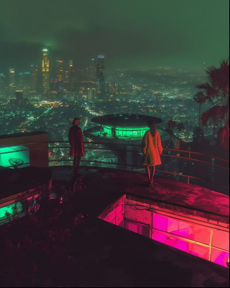 Dee and Lesah stood on the rooftop, the city below them a shimmering sea of lights. The neon green glow from the mysterious, rotating structure in the distance cast an eerie hue on their faces. "We have to get inside," Dee whispered, her voice tense but determined. Lesah nodded, clutching the device they'd stolen—an encrypted key said to control the city's underground AI network. As they prepared to descend, the ground beneath the structure began to vibrate, a low hum growing louder. Suddenly... Scenic Aesthetic, Sea Of Lights, Neon District, Rooftop City, Underground Cities, Games Design, Aesthetic Content, Arte Cyberpunk, Neon Aesthetic