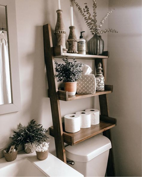 Next To Toilet Decor, 2nd Room Ideas Apartment, French Country Bathroom Storage, Ladder Bathroom Shelf, Bathroom Toilet Wall Decor, Bathroom Latter Shelf, Bathroom Decor Shelf Over Toilet, Bathroom Toilet Room Decor, Diy Toilet Shelf