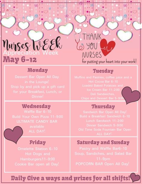 Nurses Week Flyer and Schedule Nurse Spirit Week Ideas, Nursing Week Ideas Activities, Nursing Home Week 2024, Nurses Week Food Ideas, Nurses Week 2024, Nursing Week Ideas, Nursing Home Week Ideas For Staff, Nurse Week Ideas Activities, Nursing Home Week Ideas