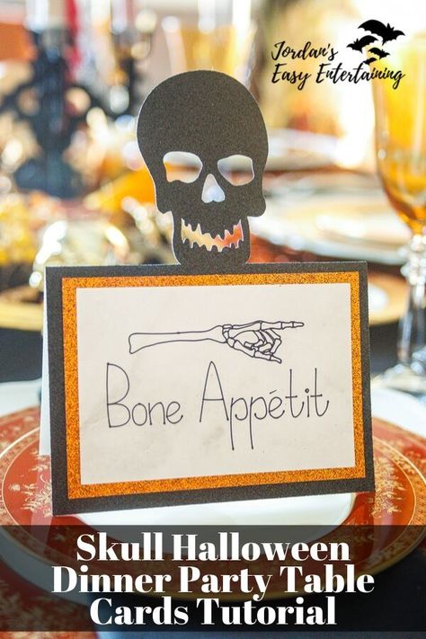 These skull Halloween dinner party table cards a super easy Halloween Cricut project and perfect for your Halloween party! Halloween party ideas | Cricut projects | Cricut Ideas for Halloween | Halloween party ideas decorations | paper crafts | paper crafting | #13daysofhalloweenpartyideas #jordanseasyentertaining Halloween Food Names Tags, Halloween Party Food Signs, Halloween Place Cards, Halloween Food Signs, Halloween Dinner Party Table, Halloween Food Labels, Dinner Party Place Cards, Best Halloween Party, Halloween Dinner Party