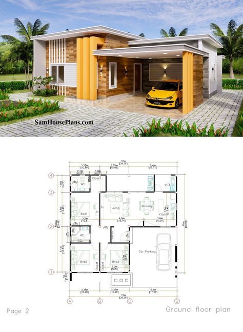 40x36 Feet House Plans 12x11 Meter 3 Beds 3 Baths Flat Roof PDF Plan Small Modern House Plans, Entry Porch, Detail Arsitektur, Open Living Space, Bungalow Style House, Bungalow Style House Plans, Affordable House Plans, Modern Mountain Home, Building House Plans Designs