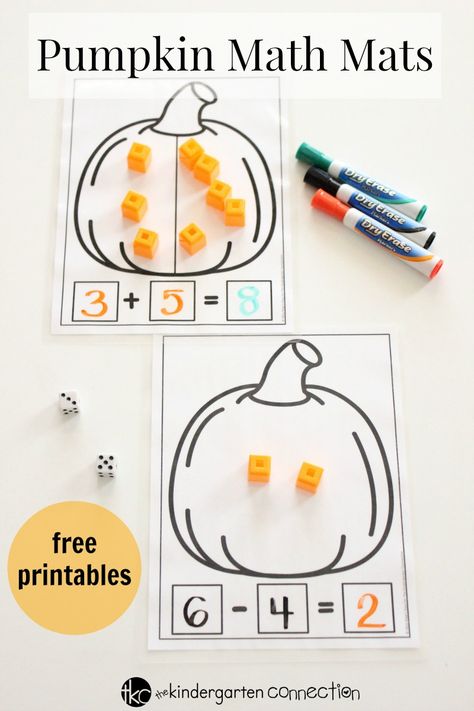 Grab these FREE Addition and Subtraction Pumpkin Math Mats printables! They're perfect for centers, small groups, homeschool and traditional classroom!  #fallmath #mathfreebies Pumpkin Math Activities, Subtraction Activity, Fall Math Activities, Pumpkin Math, Traditional Classroom, Math Mats, Activity For Preschool, Addition Kindergarten, Halloween Kindergarten