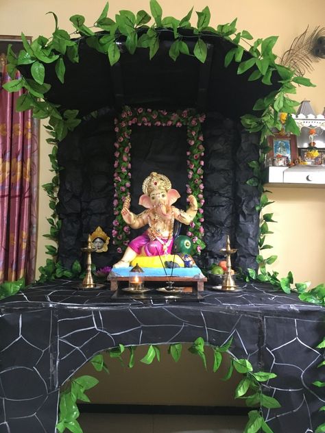 Simple And Beautiful Ganpati Decoration, Theme For Ganesh Chaturthi, Ganesha Mantapa Decoration, Ganpati Theam Decoration Idea, Jejuri Khandoba Ganpati Decoration, Ganpati Decoration Cave Theme, Ganpati Decoration Shiva Theme, Ganesh Charthuthi Decoration, Ganapati Decoration At Home Ideas Theme