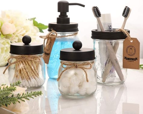 Farmhouse Soap Dispenser, Mason Jar Bathroom Decor, Mason Jar Toothbrush Holder, Farmhouse Bathroom Accessories, Vanity Organizer, Mason Jar Soap Dispenser, Mason Jar Bathroom, Countertop Organization, Bathroom Accessories Set