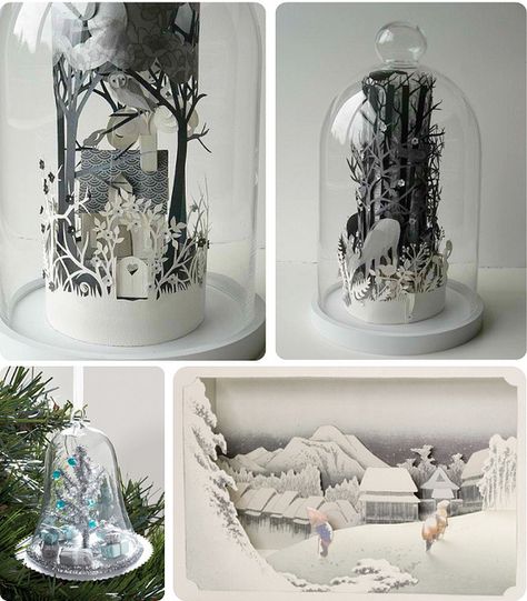 Dioramas... Great Winter decoration ideas. Christmas Dioramas, Pumpkin Diorama, Christmas Diorama, Origami And Kirigami, Diy Papier, The Bell Jar, Up Book, 3d Christmas, Kirigami